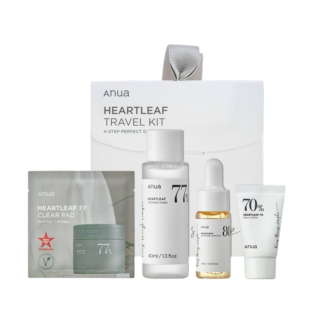Set Anua: Heartleaf 77%, Soothing, Cleansing Toner, 40 ml + Heartleaf 70%, Hydrating, Daily, Lotion, For Face, 20 ml + Heartleaf 77%, Makeup Removing, Cleansing Pads, 2 pcs + Heartleaf 80%, Soothing, Serum, For Face, 10 ml